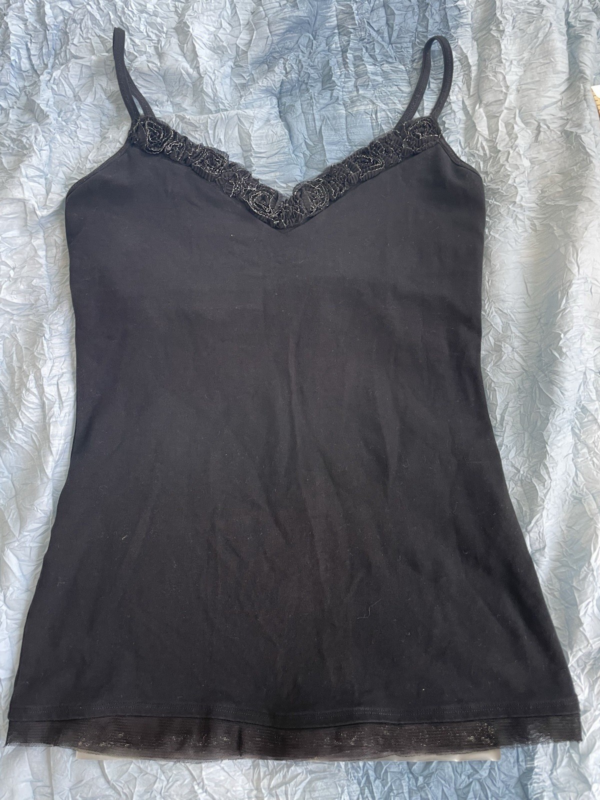 Express Jeans Black Lace Trim Cami Women’s Y2K Stretch Spaghetti Strap Tank Top