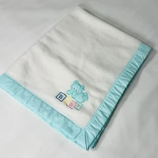 Vintage Cuddle Time Baby Acrylic Blanket With Satin Trim Blue Bear With Blocks