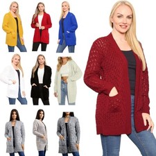 Ladie's Knitted Chunky Long Sleeve Open Front 2 Pocket Boyfriend Jumper Cardigan