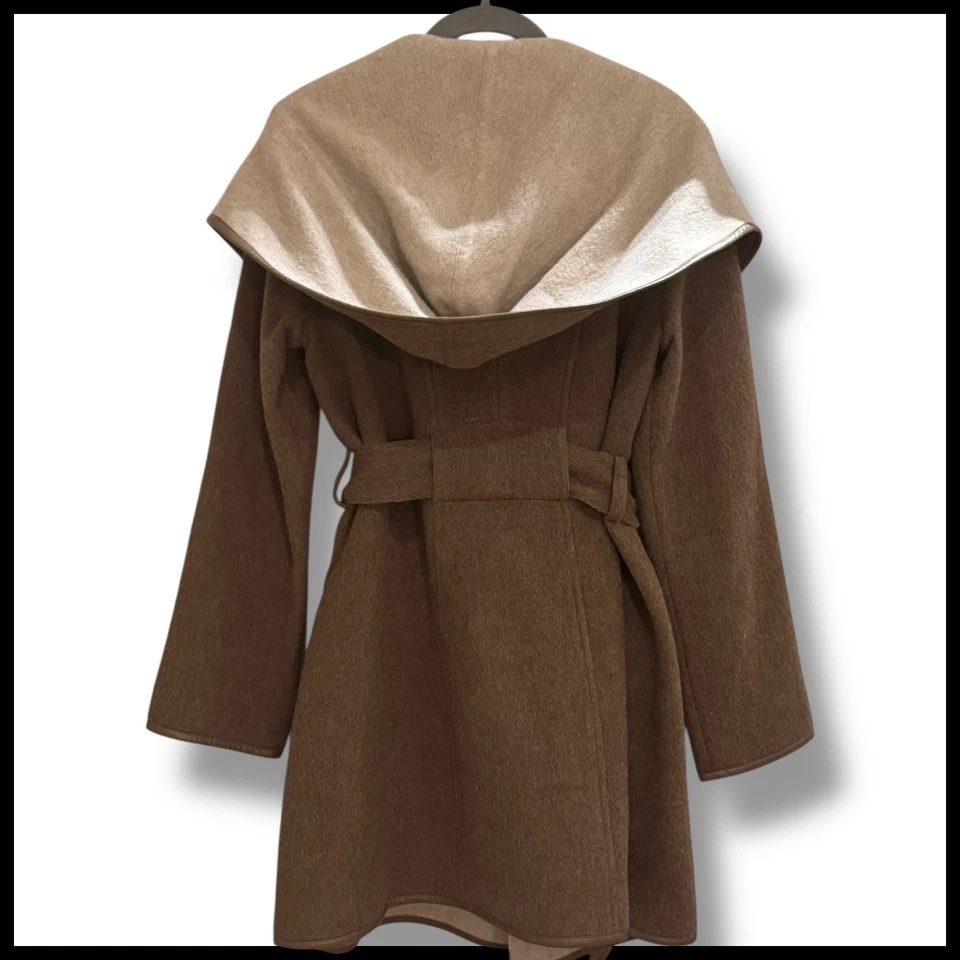 Peruvian Connection Medium Hooded Alpaca Wool Leather Wrap Belted Coat Luxury - Image 2 of 4