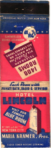 Hotel Lincoln Visit Our Famous Blue Room, New York City Vintage Matchbook Cover - 第 1/2 張圖片