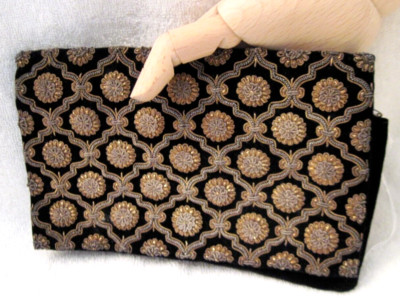 Vtg Beaded Clutch Handbag Purse Black Velvet *Gold Silver Arabesque & Medallion