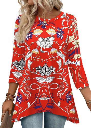 Loose Fit Dressy Tunic Top for Women 3/4 Sleeve Asymmetrical Hem S-4XL