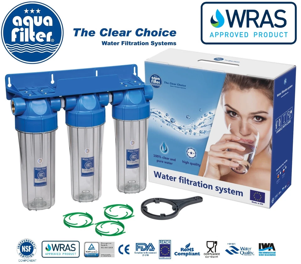 Aquafilter 10"" Dreifach Wasserfilter Gehäuse 3/4"" + Beckenring / Biodiesel