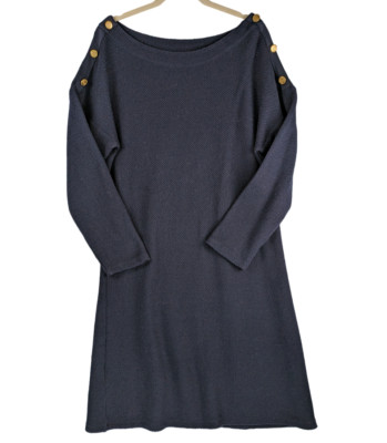 Talbots Waffle Knit Shift Dress XL Navy Cotton Nautical Buttons Boat Neck