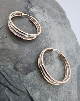 14k .585 Gold 3 Tone 1.25'' Wire Hoop Modern Minimalist Earrings Au 23269