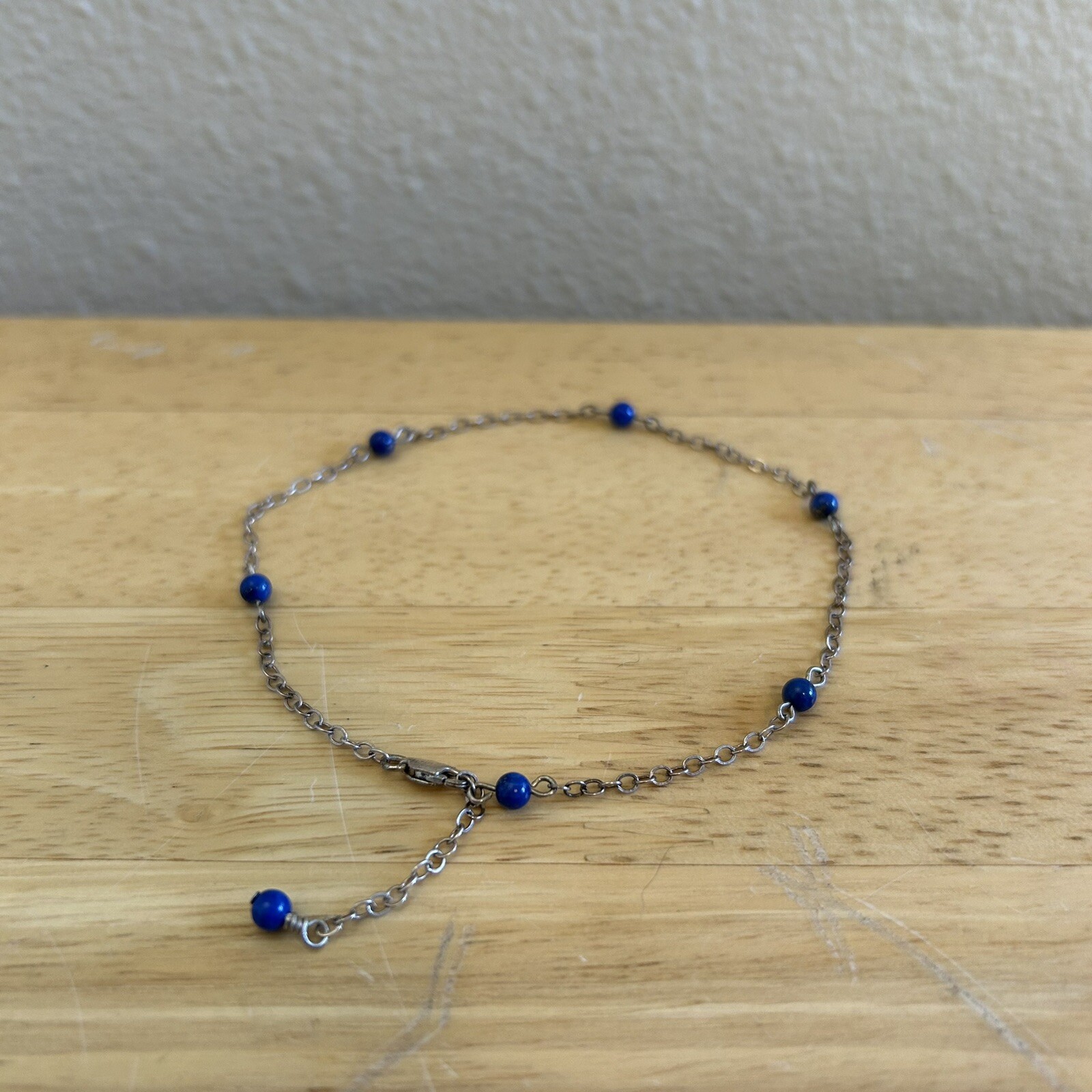 Sterling Silver 925 Lapis Lazuli Beaded Adjustable Anklet Up To 11 Inches-image
