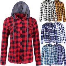 Women's Hooded Plaid Button Up Shirt Long Sleeve