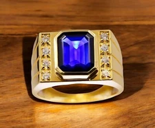 Blue Sapphire Emerald With 925 Sterling Silver Gold Plated Ring For Men #A220