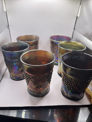 6 Antique Northwood Carnival Amethyst Grape & Cable Tumblers Signed - Picture 10 of 15