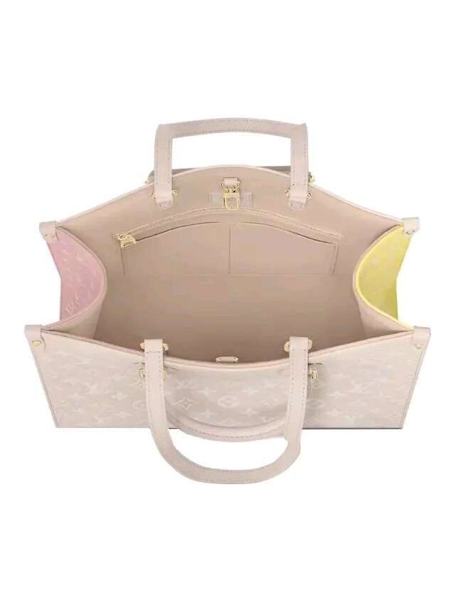 Louis Vuitton OnTheGo Tote MM Beige Pink Yellow Monogram Embossed