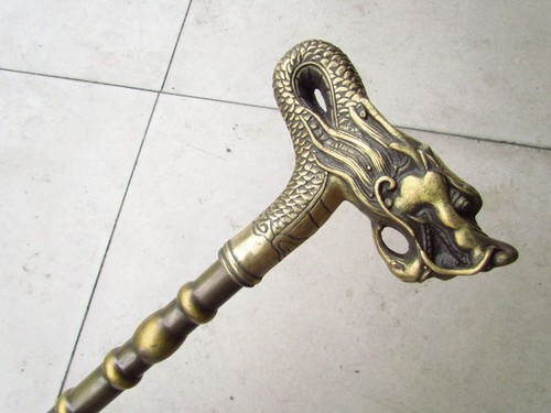 Vintage Brass Cane Crutch Walking Stick Joint Trekking Strong Dragon Handle Nice - Picture 7 of 16
