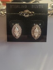 Elegant Sterling Silver Stud Earrings Oval Shaped Earrings Cz Dimonds Stateme