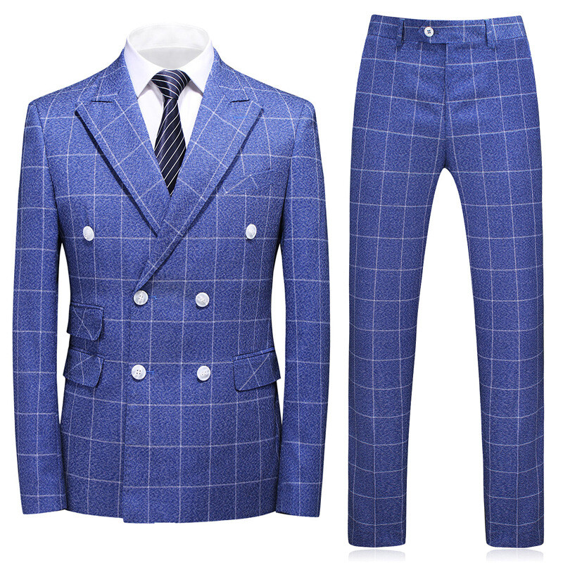 Blue Plaid Men Suit Double Breasted Check Party Prom Groom Tuxedos