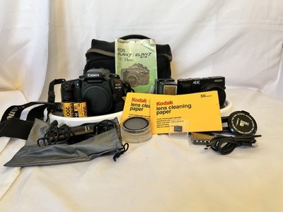 Canon Elan 7 35mm Film Camera & A No Name 4K Digital Camera  With Bag & Accessor