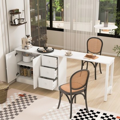 White Wooden Sideboard with Extendable Table, 89.7'' L, 3 Drawers