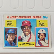 Tony Perez Rusty Staub Al Oliver 1984 Topps #704 NL RBI Leaders Baseball Card