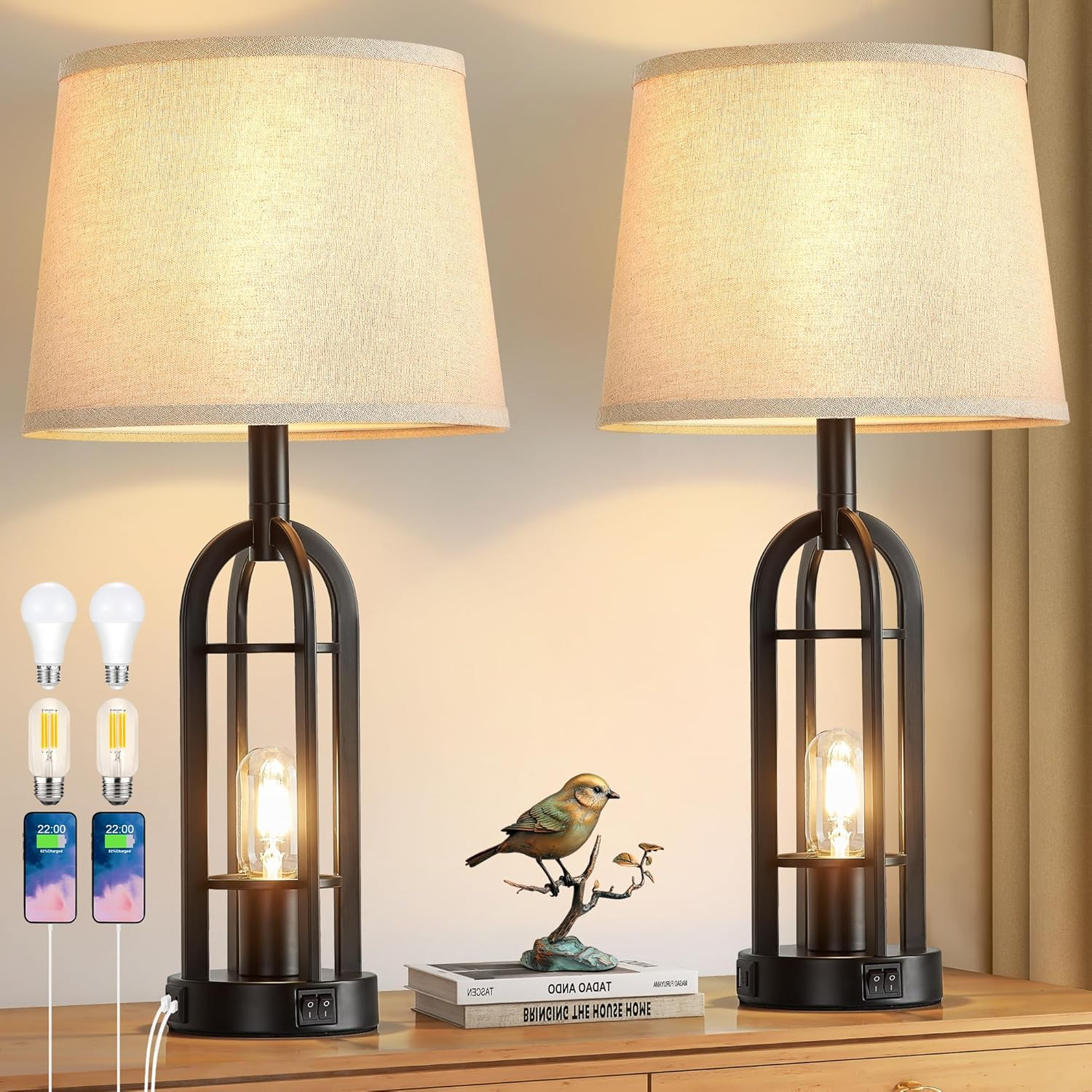 Stylish Black Table Lamps Set of 2 for Living Room with USB and Button Switch 24 Inch