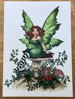 Unposted Postcard-Artist Amy Brown, 2001, Forest Fairy Nymph w/Cat,   IVY 