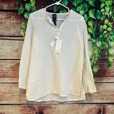 Eileen Fisher Sheer Silk Linen Tunic Blouse Top PM Medium Petite Bone Ivory