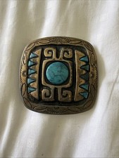 Vintage Brass Turquoise Western Native Artisan Belt Buckle