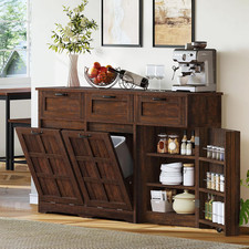58.3" Rustic Kitchen Island Storage Cabinet Tilt Out Trash Can Cabinet, Farmho