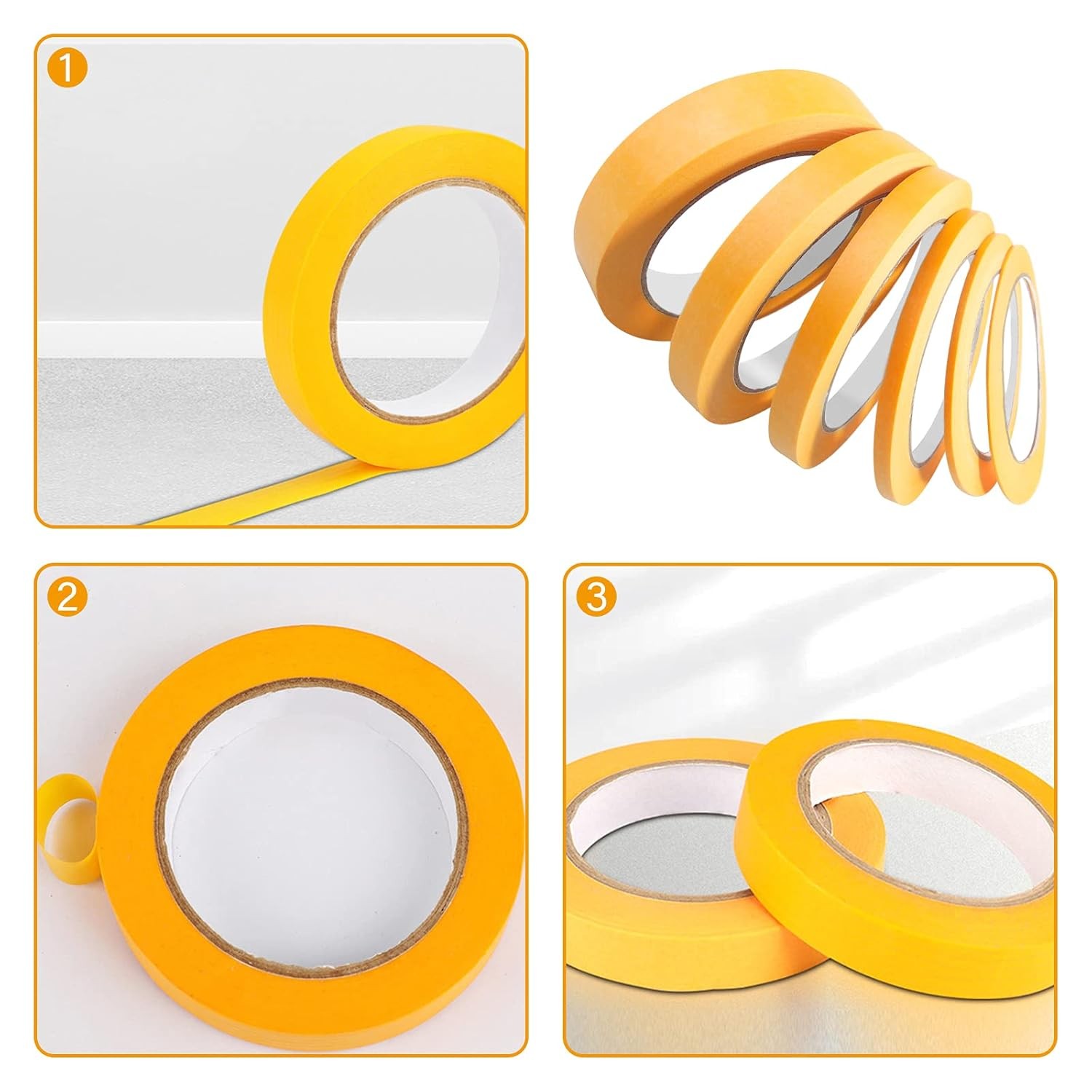 6 Rolls Fine Line Tape 1/16, 1/8, 1/5, 2/5, 1/2, 3/4 Inch 1/4 Inches, Yellow 