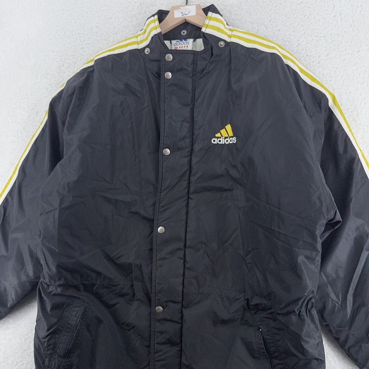 Vintage Adidas Long Puffer Jacket Mens XL Black Yellow Quilted 90s