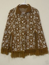 VTG OOAK Women's Handmade Knit Cape Poncho Fringe Folk Art Boho Wester L/XL 70s