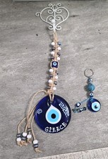 Evil Eye Wall Hanging 14" Macrame Home Decor With Hook  Key Chain Blue Glass
