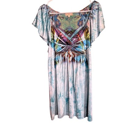 Live and Let Live Blouse Women L Blue Good Twist Front Abstract Flutter Sleeve