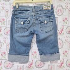 True Religion Sophie Cuffed Bermuda Denim Shorts Womens 26 Flap Pocket USA Made