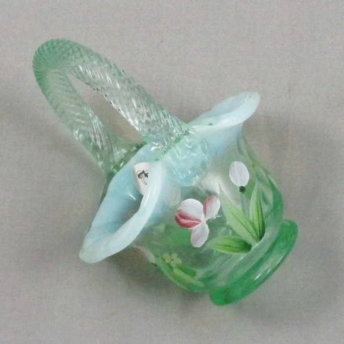 FENTON Hand Painted by T. MENDENHALL WILLOW GREEN OPAL GLASS MINI BASKET