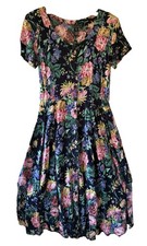 Vtg 90s Starina Rayon Floral Dress M Navy Blue Fit Flare Midi Cottagecore TLC