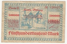 BITBURG  GERMANY  500,000 MARK NOTGELD  1923  VERY FINE