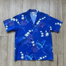 Vintage 90s Barefoot in Paradise Hawaiian Shirt Blue Floral Made USA Mens Large