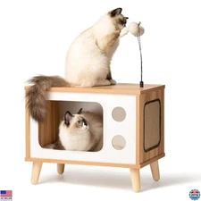 Luxury Wooden Cat Condo - Spacious TV Bed with Plush Cushion, Scratcher & Toys