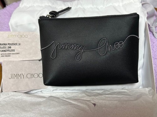 JIMMY CHOO RAINA satin Logo clutch Hand Bag Pouch Women CANDY FLOSS black