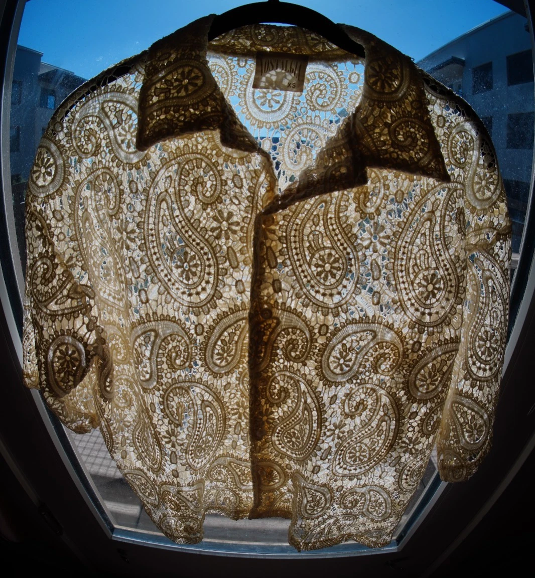 ENTER NOSTALGIA Paisley Knit Camp Collar Shirt Cream White XS Boxy Cropped Fit