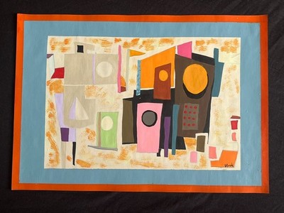 JEAN VARDA drawing and painting on old paper signed stamped vintage