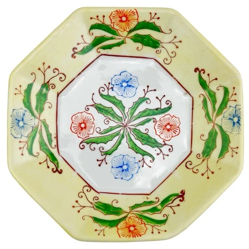 Vintage Japanese Yellow Porcelain Bowl Footed Octagonal Floral Chinese Dragon 6"