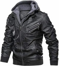 Mens Lambskin Leather Biker Jacket with Removable Hood, Perfect Fit