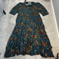 Natural Life Floral Maxi Dress M Teal Boho Tiered Collared Rayon Cottagecore