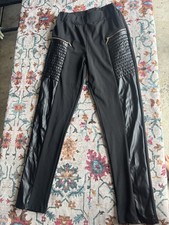 Womens Black Faux Leather Contrast Panel Pants Zipper Detail Skinny Leg Size M