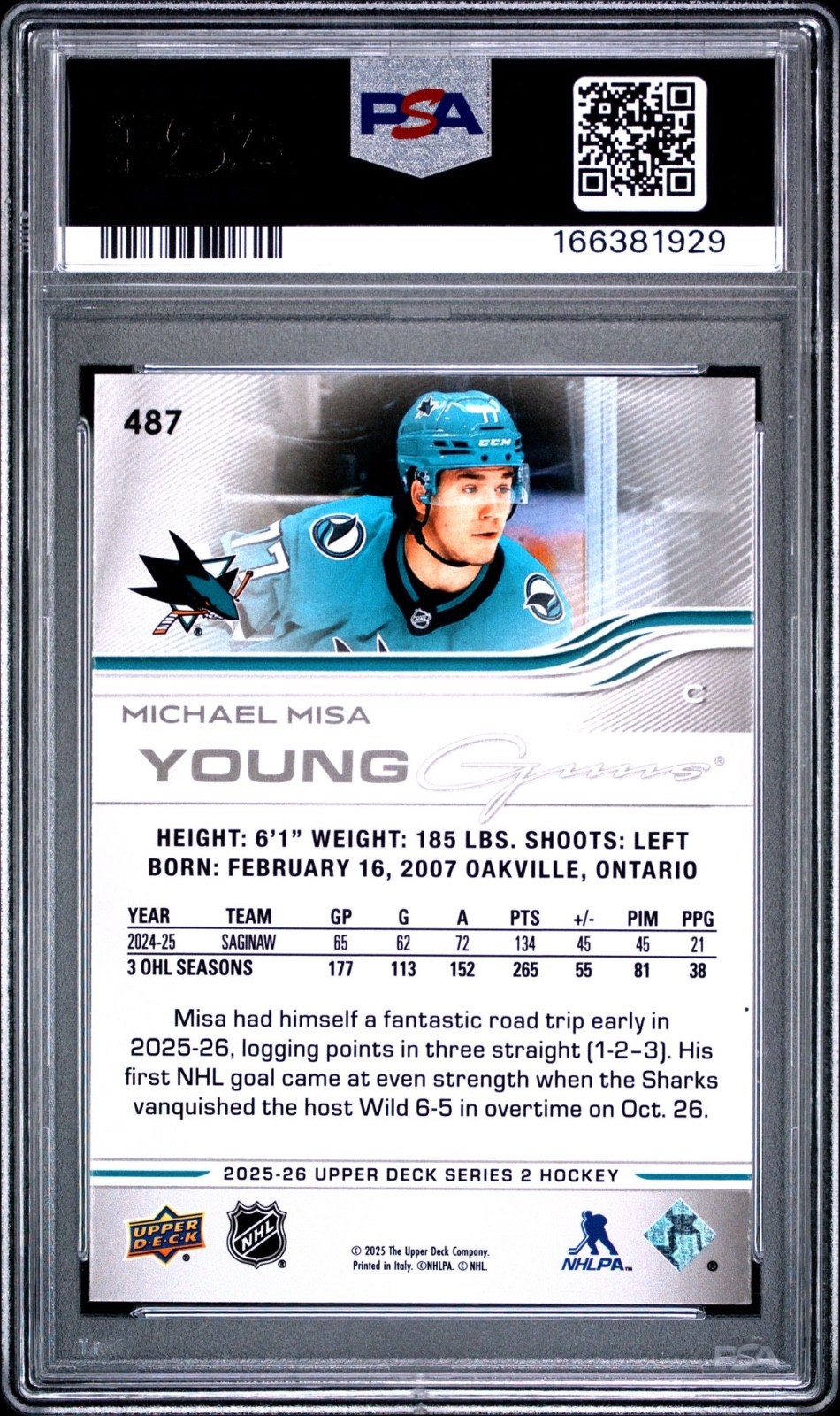 2025-26 Upper Deck Michael Misa Young Guns Rookie #487 PSA 10 Gem Mint view 2