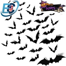 60PCS 3D Bat Wall Stickers PVC Realistic Spooky for Halloween Party Home Decor