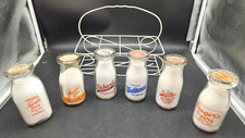 6 Vintage Dairy and Creamery Half Pint Milk Bottles with carrying rack