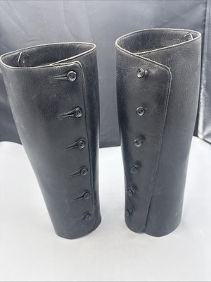 Vintage schwarze Leder Gamaschen Knopfverschluss Reitsport / Militär