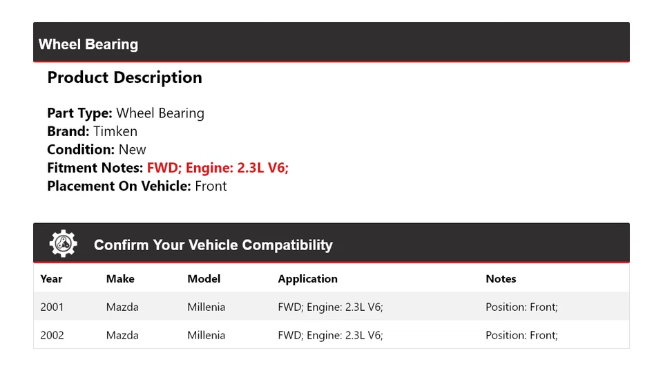 Cojinete de rueda delantero Timken para Mazda Millenia 2001-2002 2,3 L V6 tracción delantera Foto 2 de 4
