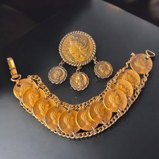 CoroCraft Roman Coin Bracelet Brooch Set Gold Tone Statement Vintage